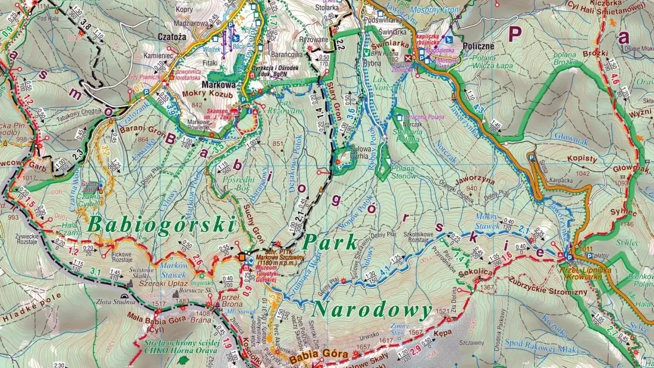 Szlak Beskid Żywiecki na mapie turystycznej. Widoczne szlaki piesze, drogi, potoki i szczyty Babiej Góry.