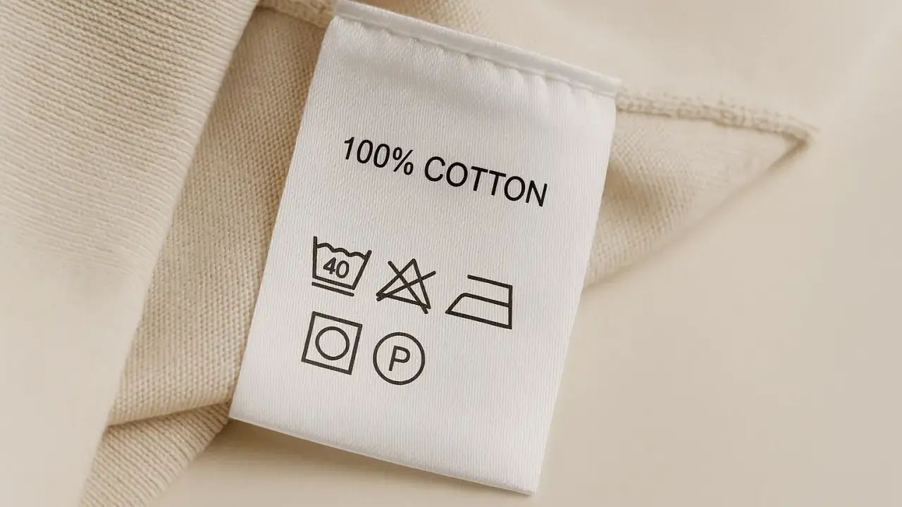 Metka z napisem "100% COTTON" informuje, że materiał to bawełna. Pielęgnacja: pranie w 40°C, nie wybielać, prasować w średniej temperaturze, można czyścić chemicznie.