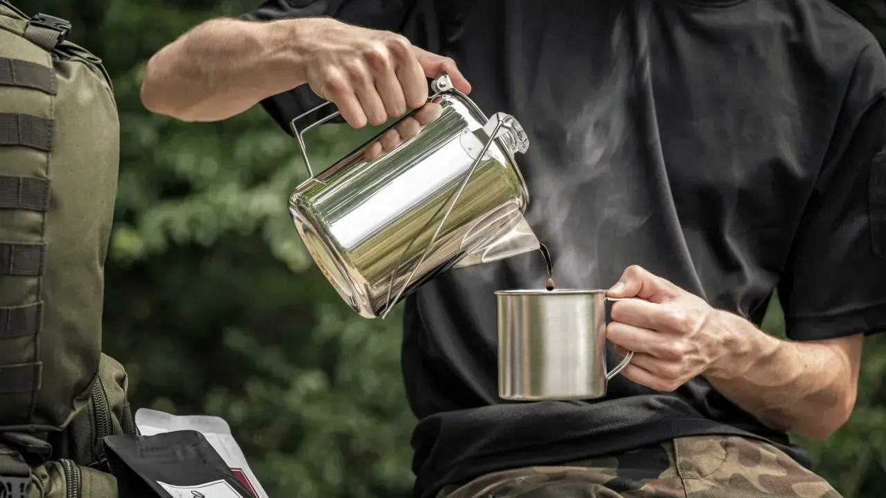Mężczyzna nalewa kawę do kubka z metalowego czajniczka. Obok leży plecak i paczki kawy. Idealny **aeropress przepis** na kempingu.