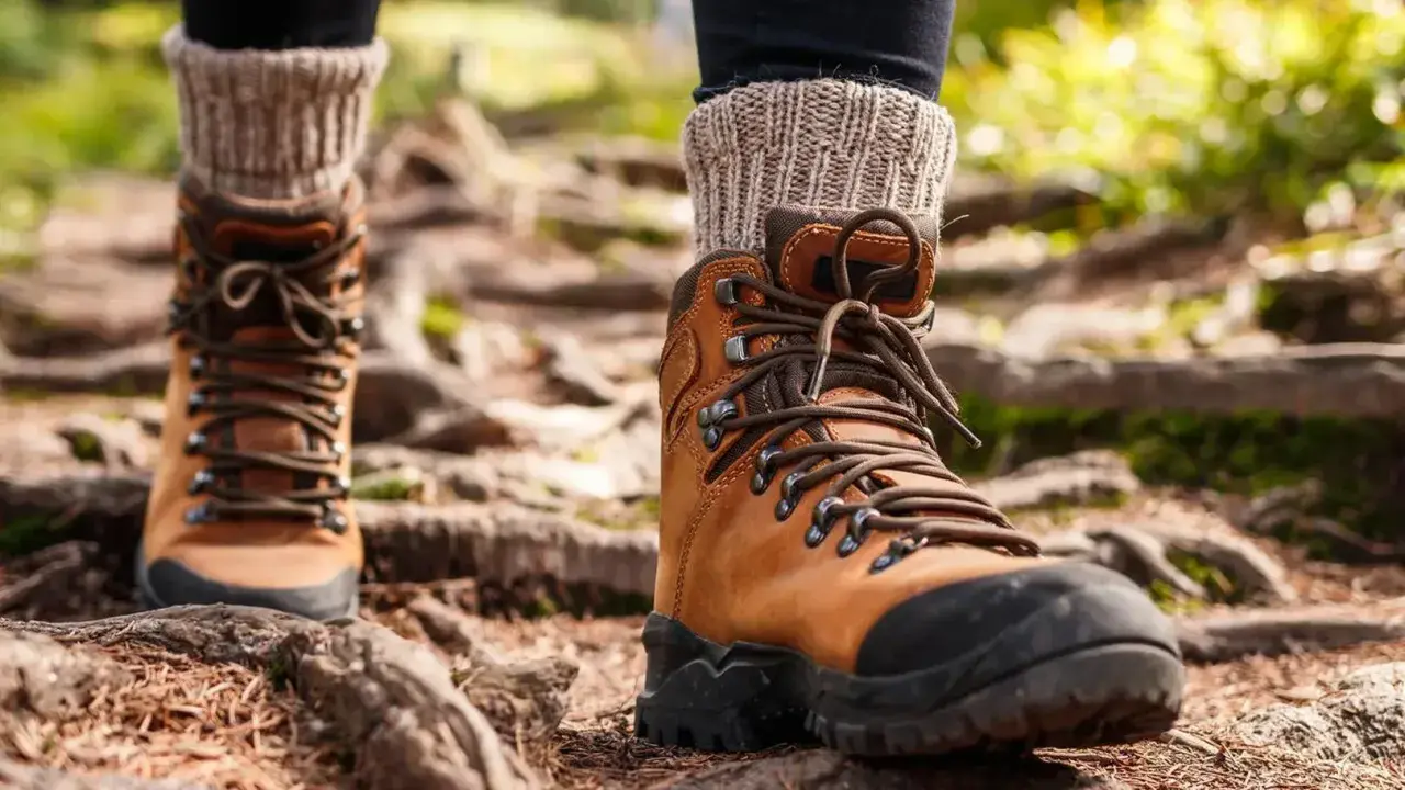 Ciepłe skarpety w góry i solidne buty trekkingowe gotowe na przygodę po leśnym szlaku.