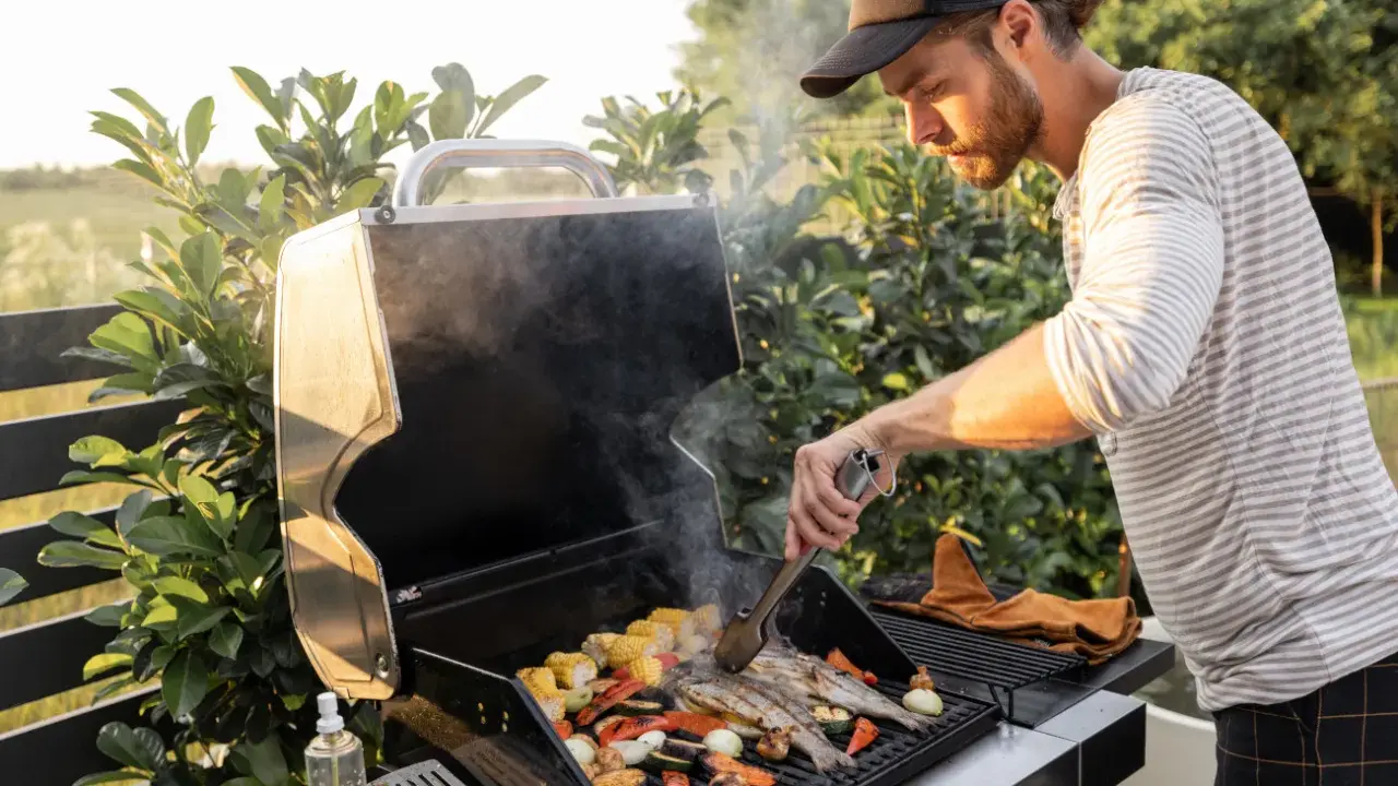 Mężczyzna grilluje ryby i warzywa na grillu gazowym, pokazując, jak działa grill gazowy.