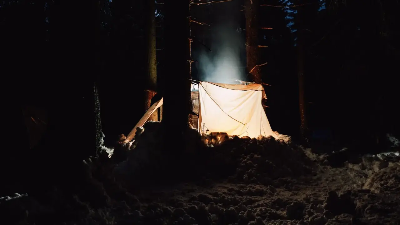 Nocne schronienie w lesie. Jasny namiot oświetla śnieżny krajobraz, tworząc przytulną atmosferę. Idealne miejsce, by zanocuj w lesie.