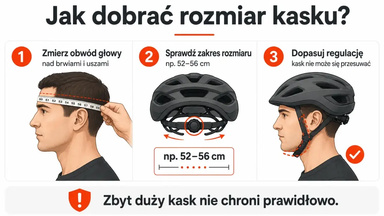 Jak dobrać rozmiar kasku? Zmierz obwód głowy, sprawdź zakres rozmiaru (np. 52-56 cm) i dopasuj regulację. Pamiętaj o prawidłowych rozmiarach kasków dla dzieci.