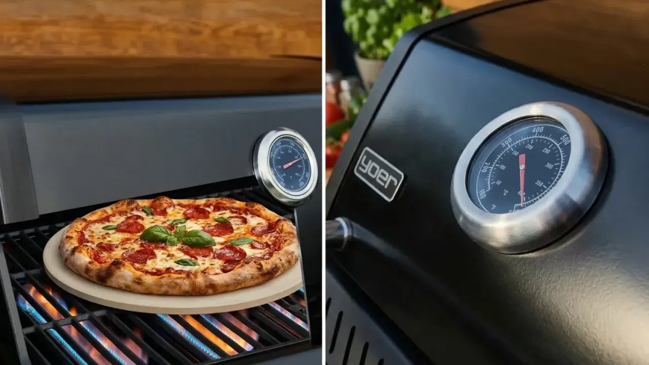 Pyszna pizza z grilla gazowego, z chrupiącym ciastem i ciągnącym serem, piecze się na ruszcie. Obok termometr wskazuje idealną temperaturę.