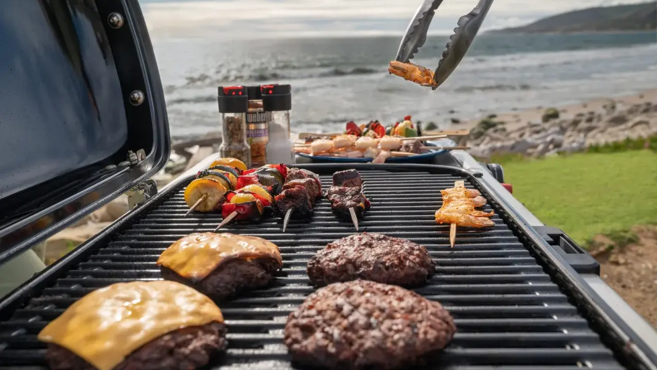 Co to jest grill? To idealne miejsce na letnie spotkania! Na ruszcie burgery, szaszłyki z mięsem i warzywami, a nad nimi krewetki. W tle morze i plaża.