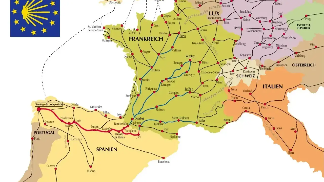 Mapa ukazująca **camino de santiago trasy** przez Francję, Hiszpanię, Portugalię i Włochy, z zaznaczonymi głównymi szlakami pielgrzymkowymi.