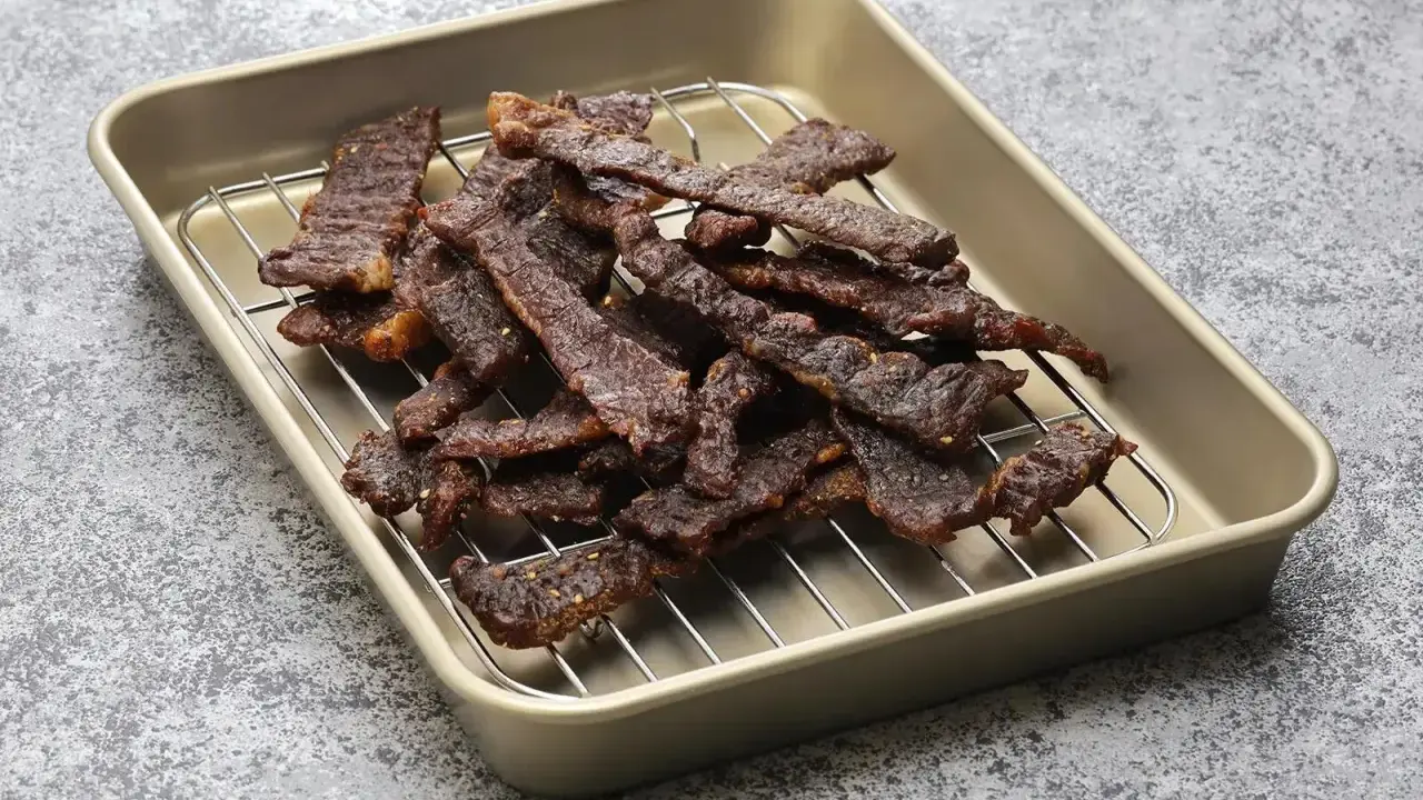 Suszone plastry wołowiny na kratce w blaszce. Idealne do domowego beef jerky przepis.