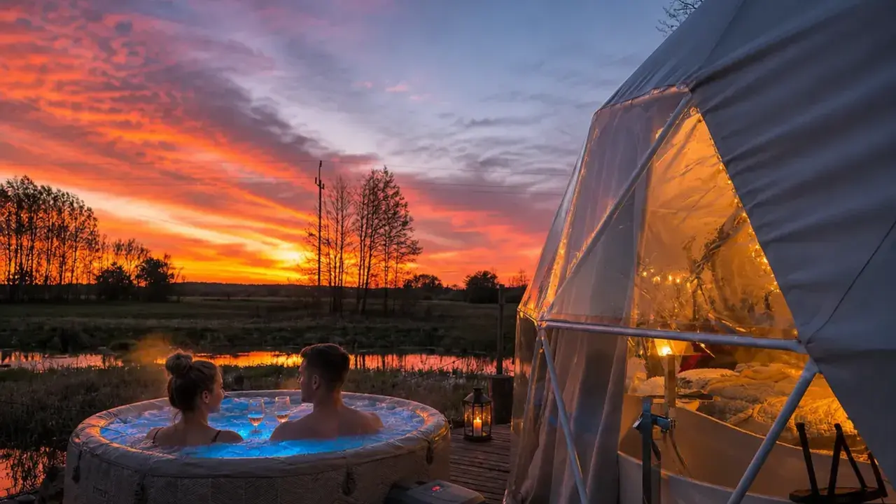 Para w jacuzzi podziwia spektakularny zachód słońca. Obok rozświetlona od środka kopuła glampingu.
