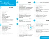 Checklista na wyjazd zawiera kategorie: odzież, dokumenty, przybory toaletowe, elektronikę, finanse, środki medyczne i dodatki.