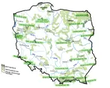 Mapa Polski z zaznaczonymi parkami narodowymi. W sumie jest ich 23, a na mapie widać ich rozmieszczenie.