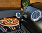 Pyszna pizza z grilla gazowego, z chrupiącym ciastem i ciągnącym serem, piecze się na ruszcie. Obok termometr wskazuje idealną temperaturę.