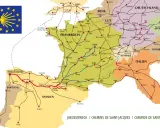 Mapa ukazująca **camino de santiago trasy** przez Francję, Hiszpanię, Portugalię i Włochy, z zaznaczonymi głównymi szlakami pielgrzymkowymi.