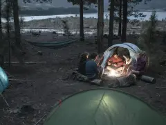 Grupa przyjaciół przy ognisku w lesie, grają na ukulele. Nocne biwakowanie, jak na wyprawie na Mont Blanc.