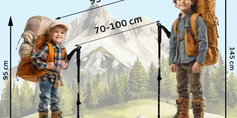 Dwóch chłopców z plecakami i kijki w góry. Mniejszy ma 95 cm, większy 145 cm. Wskazówki dotyczące długości kijków: 70-100 cm i 95-145 cm.