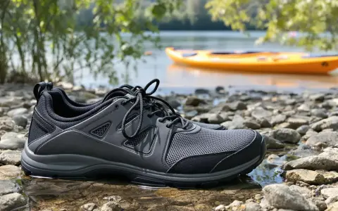 Szare buty sportowe na kamienistej plaży, idealne jako jakie buty na kajaki. W tle żółty kajak na wodzie.