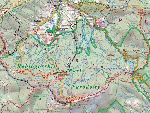Szlak Beskid Żywiecki na mapie turystycznej. Widoczne szlaki piesze, drogi, potoki i szczyty Babiej Góry.