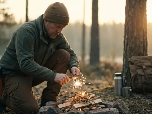 Mężczyzna w lesie, jak preppers, roznieca ogień krzesiwem. Obok plecak i termos.