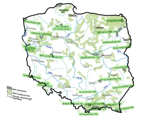 Mapa Polski z zaznaczonymi parkami narodowymi. W sumie jest ich 23, a na mapie widać ich rozmieszczenie.