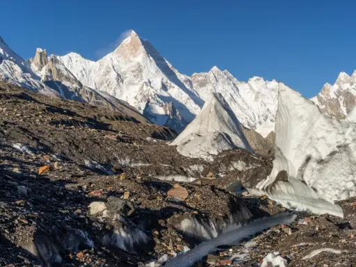 Lodowe formacje i skaliste zbocza na tle majestatycznych gór Karakorum.