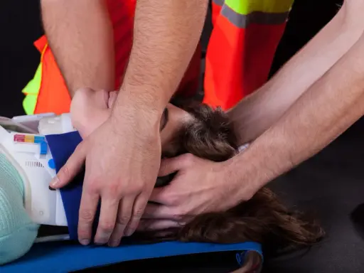 Ratownicy medyczni stabilizują głowę i szyję poszkodowanego, zakładając kołnierz ortopedyczny. Pierwsza pomoc przy urazach kręgosłupa jest kluczowa.