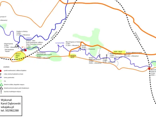 Mapa szlaku kajakowego na Podkarpaciu z zaznaczonymi punktami wodowania, bystrzami i miejscami biwakowymi.