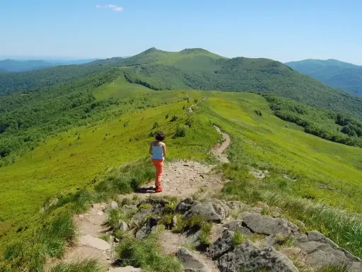 Dziewczynka na szlaku w zielonych górach. Gdzie w Tatry? Tu jest pięknie, zielono i słonecznie.