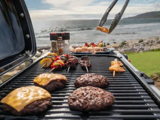 Co to jest grill? To idealne miejsce na letnie spotkania! Na ruszcie burgery, szaszłyki z mięsem i warzywami, a nad nimi krewetki. W tle morze i plaża.