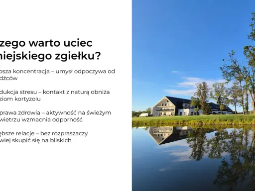 Sielankowa kraina z jeziorem i budynkiem hotelowym. Ucieczka od zgiełku miasta dla lepszej koncentracji i redukcji stresu.