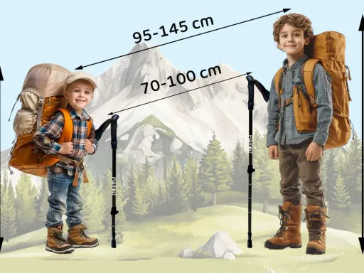 Dwóch chłopców z plecakami i kijki w góry. Mniejszy ma 95 cm, większy 145 cm. Wskazówki dotyczące długości kijków: 70-100 cm i 95-145 cm.