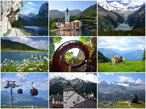 Malownicze **austria widoki**: jezioro, miasteczko, góry, krowa na łące, kolejka linowa, zamek i spiralne schody.