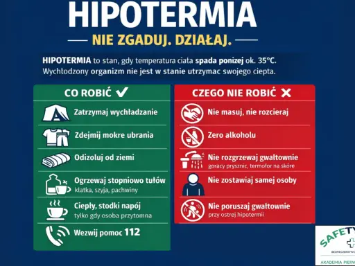 Hipotermia 2 stopnia: zatrzymaj wychładzanie, zdejmij mokre ubrania, ogrzewaj stopniowo. Nie masuj, nie podawaj alkoholu. Wezwij pomoc 112.