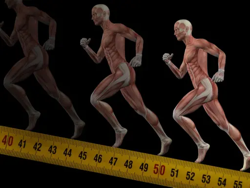Anatomia biegu: jakie mięśnie pracują podczas biegania. Trzy sylwetki biegaczy ukazujące pracujące mięśnie, na tle miarki.