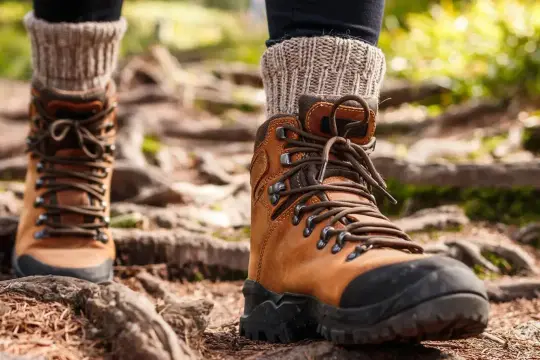 Ciepłe skarpety w góry i solidne buty trekkingowe gotowe na przygodę po leśnym szlaku.