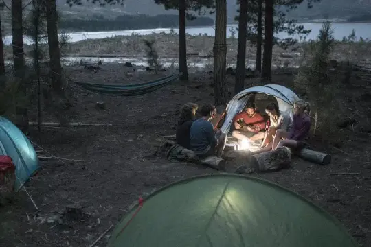 Grupa przyjaciół przy ognisku w lesie, grają na ukulele. Nocne biwakowanie, jak na wyprawie na Mont Blanc.