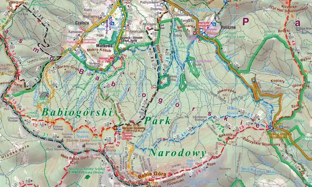 Szlak Beskid Żywiecki na mapie turystycznej. Widoczne szlaki piesze, drogi, potoki i szczyty Babiej Góry.