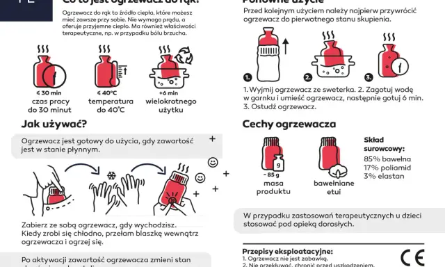 Jak działa ogrzewacz do rąk: po przełamaniu blaszki płyn krystalizuje, wydzielając ciepło. Wielokrotnego użytku, gotowy po zagotowaniu.