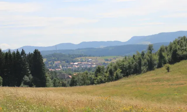 Widok na wieś u podnóża gór. W oddali widać zabudowania, a na pierwszym planie łąkę. Idealne miejsce na najkrótszy szlak na Chełmiec.