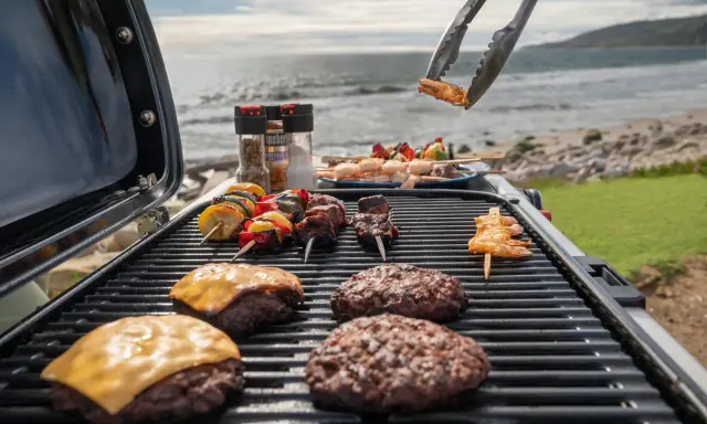 Co to jest grill? To idealne miejsce na letnie spotkania! Na ruszcie burgery, szaszłyki z mięsem i warzywami, a nad nimi krewetki. W tle morze i plaża.