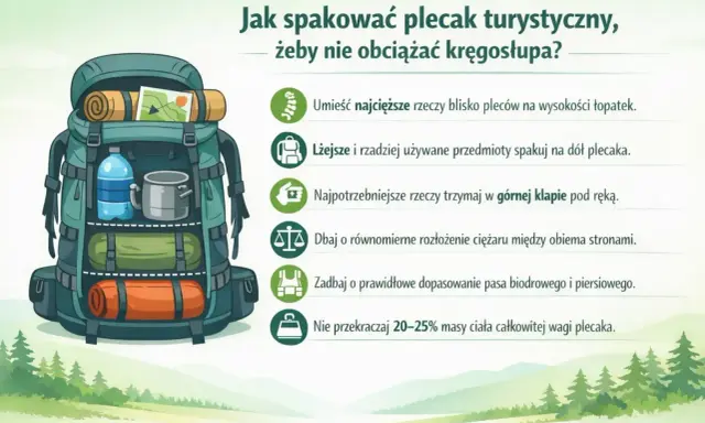 Ilustracja pokazuje, jak prawidłowo pakować plecak turystyczny. Ciężkie przedmioty umieść blisko pleców, lżejsze na dole. Najpotrzebniejsze rzeczy miej pod ręką.