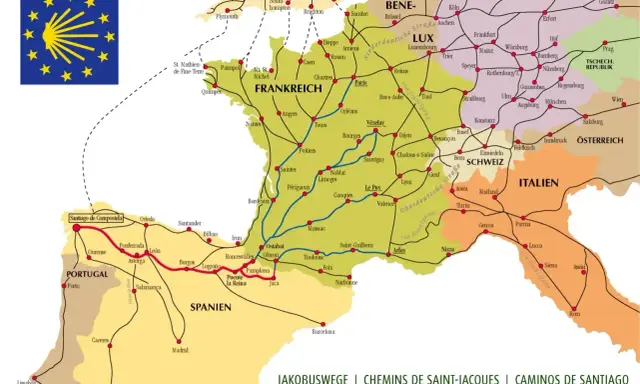 Mapa ukazująca **camino de santiago trasy** przez Francję, Hiszpanię, Portugalię i Włochy, z zaznaczonymi głównymi szlakami pielgrzymkowymi.