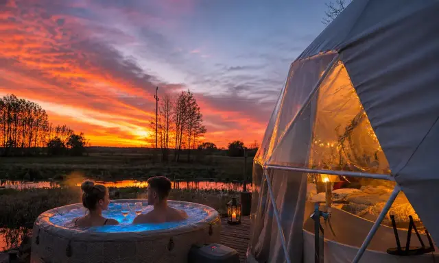 Para w jacuzzi podziwia spektakularny zachód słońca. Obok rozświetlona od środka kopuła glampingu.
