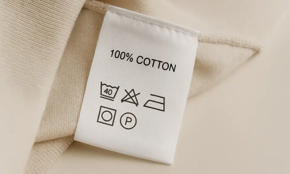 Metka z napisem "100% COTTON" informuje, że materiał to bawełna. Pielęgnacja: pranie w 40°C, nie wybielać, prasować w średniej temperaturze, można czyścić chemicznie.