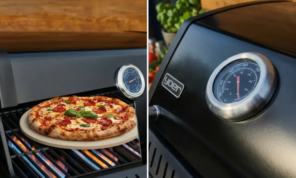 Pyszna pizza z grilla gazowego, z chrupiącym ciastem i ciągnącym serem, piecze się na ruszcie. Obok termometr wskazuje idealną temperaturę.