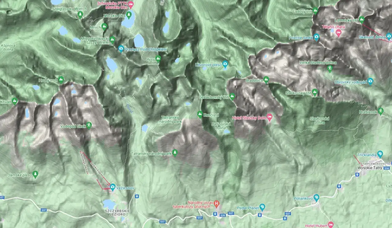Mapa Tatr z zaznaczonymi szlakami, w tym **Gerlach szlak**. Widoczne szczyty, doliny, jeziora i schroniska.