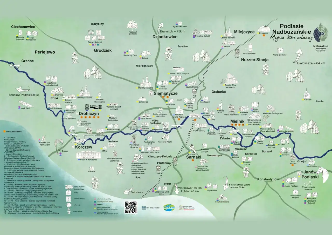 Mapa Podlasia z zaznaczoną rzeką Bug i licznymi atrakcjami turystycznymi, takimi jak zabytki, muzea, agroturystyka i szlaki przyrodnicze.