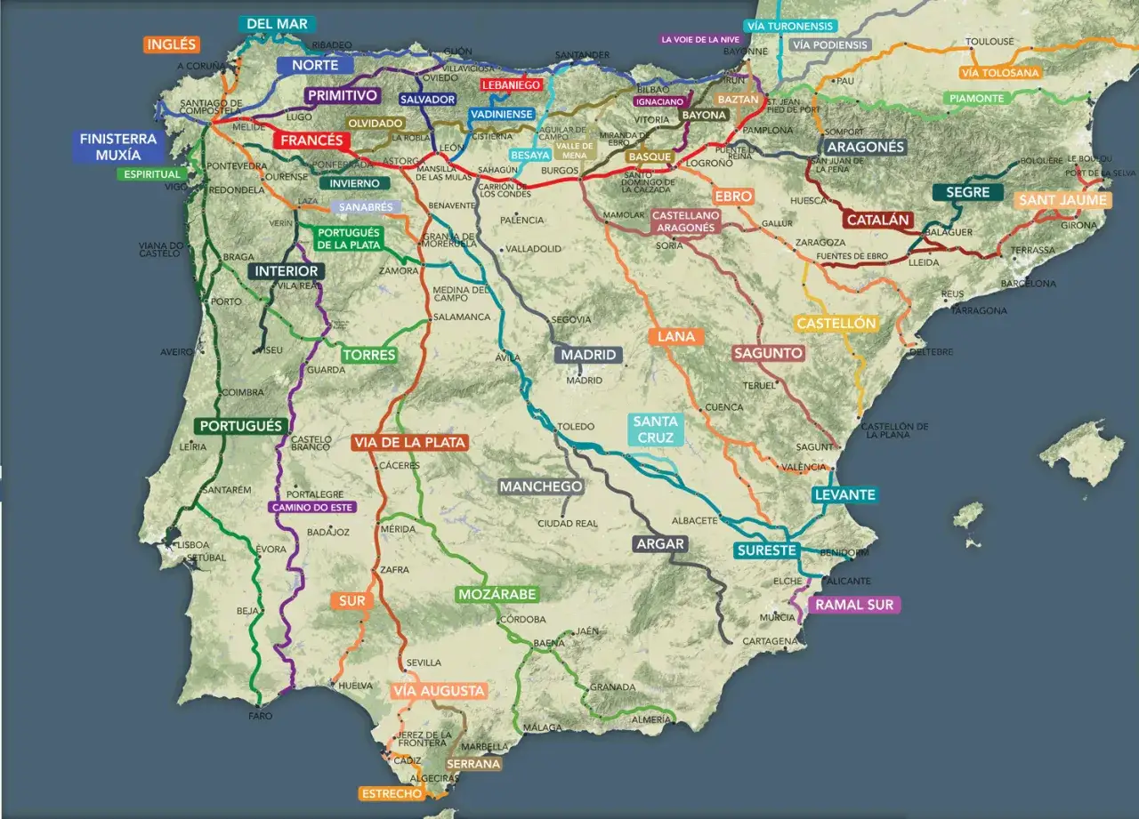 Mapa z trasami Camino de Santiago: Inglés, Francés, Portugués, Via de la Plata, Mozárabe i inne.
