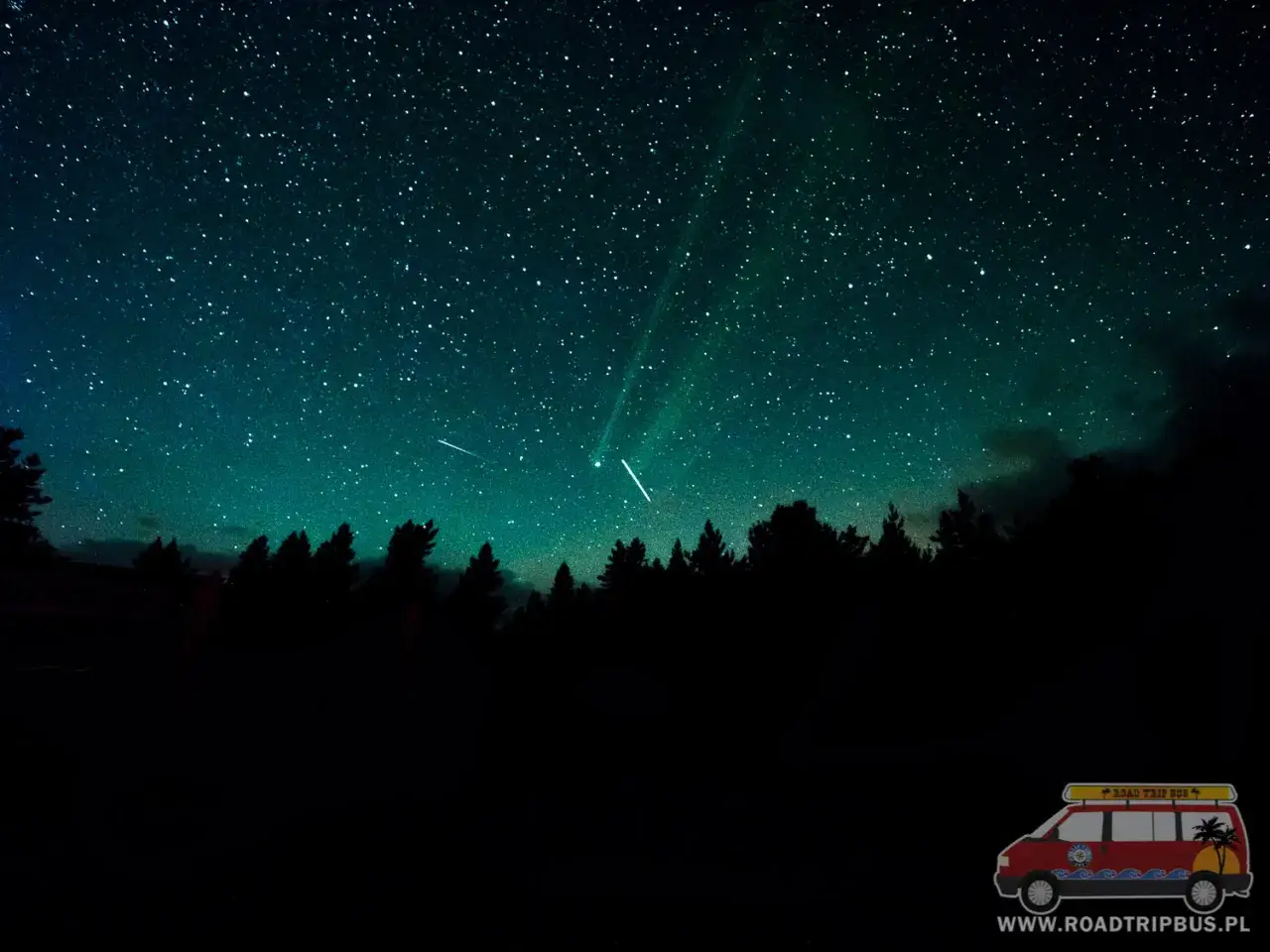 Nocne niebo pełne gwiazd nad lasem, idealne do oglądania gwiazd. Widać spadające gwiazdy i światła zorzy polarnej.