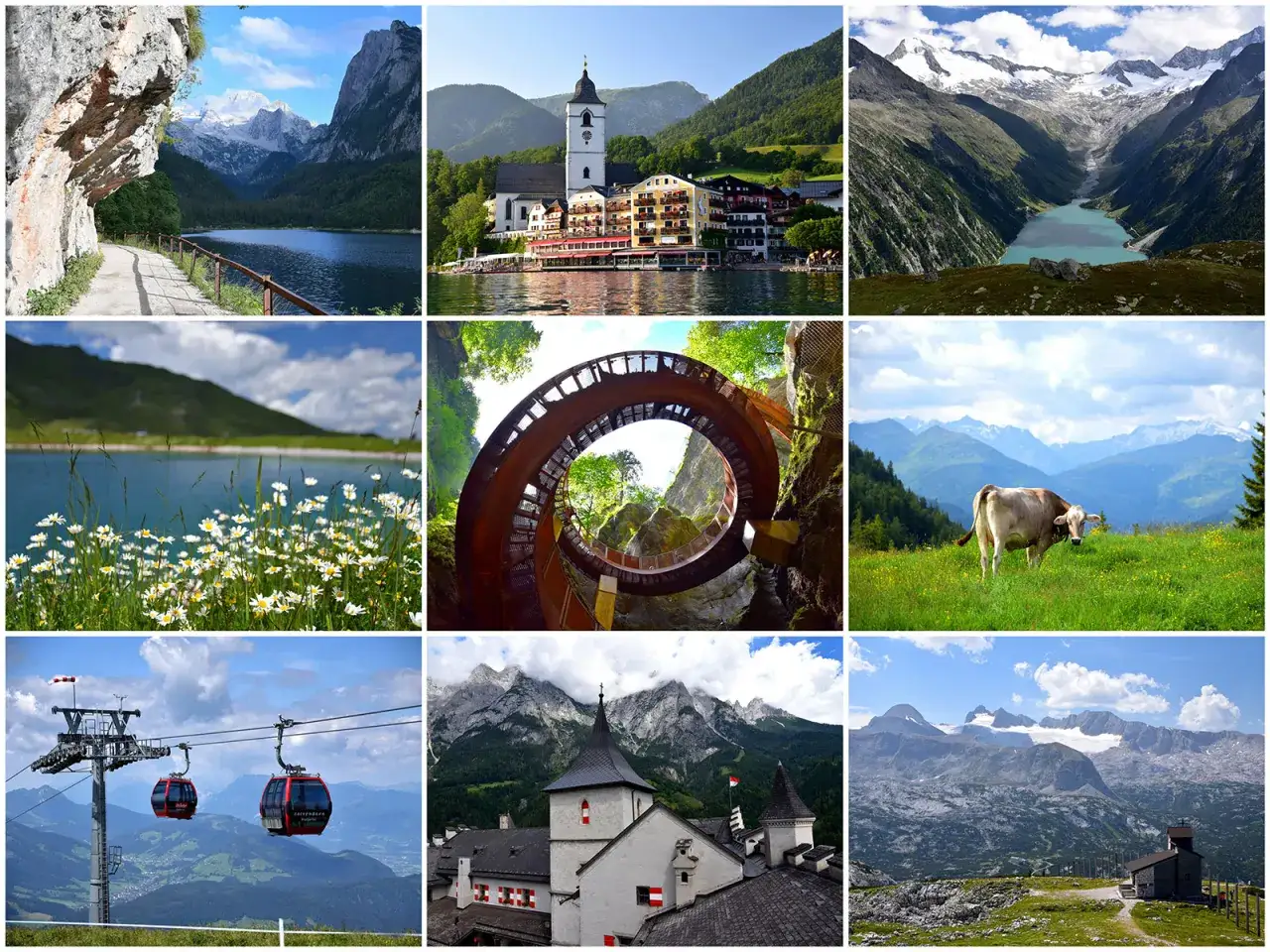Malownicze Austria widoki: jezioro z górami, miasteczko nad wodą, alpejskie szczyty, polne kwiaty, spiralne schody, krowa na łące, kolejka linowa, zamek i górskie krajobrazy.