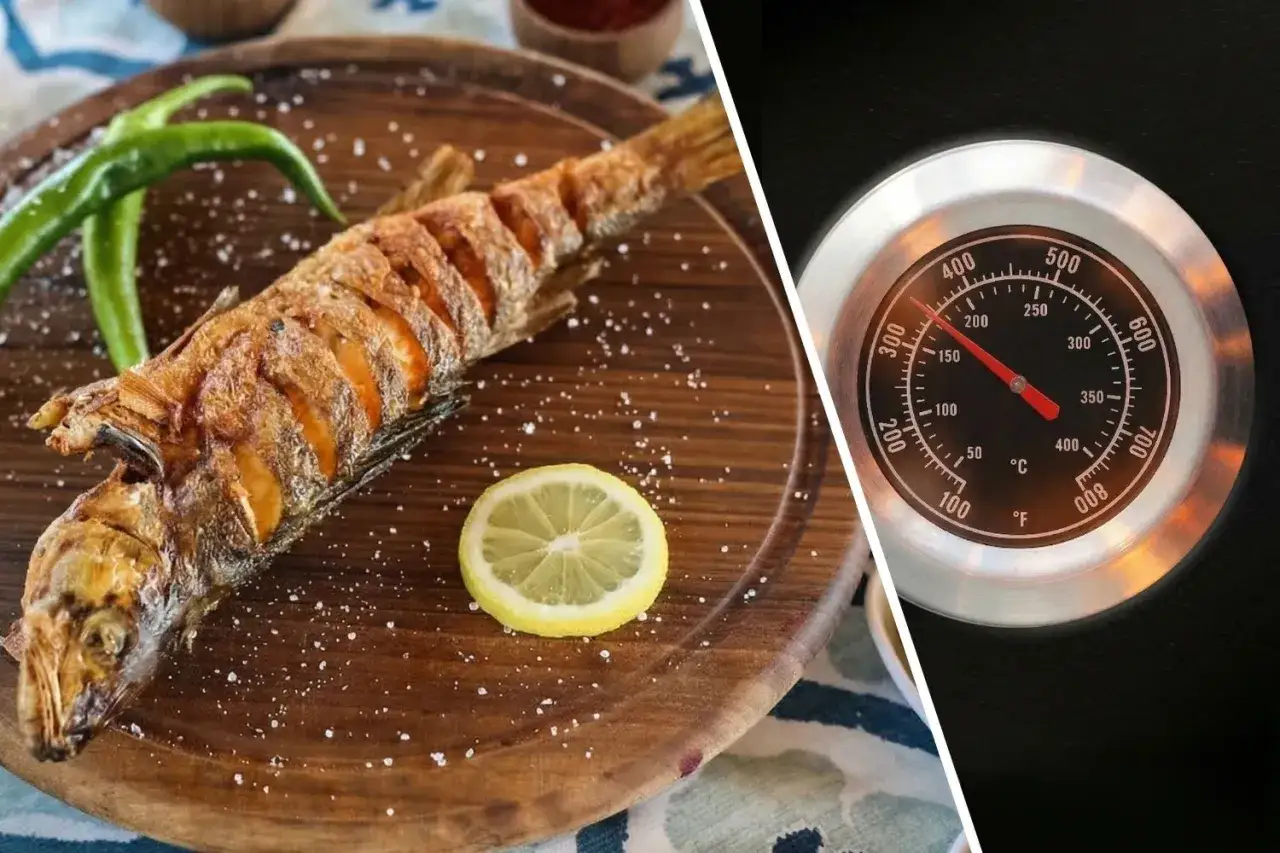 Złocisty, grillowany pstrąg z cytryną i papryczką chili. Obok termometr wskazujący idealną temperaturę grilla.