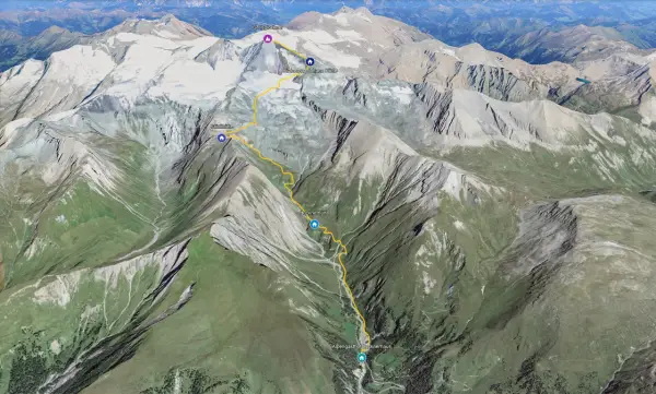 Trasa na Grossglockner szczyt, z zaznaczonymi schroniskami: Adlersruhe, Stüdlhütte, Lucknerhütte i Alpengasthof Lucknerhaus.